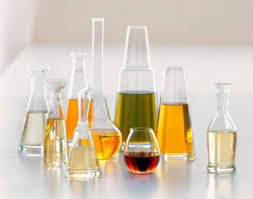 Flasks and beakers with various solutions.