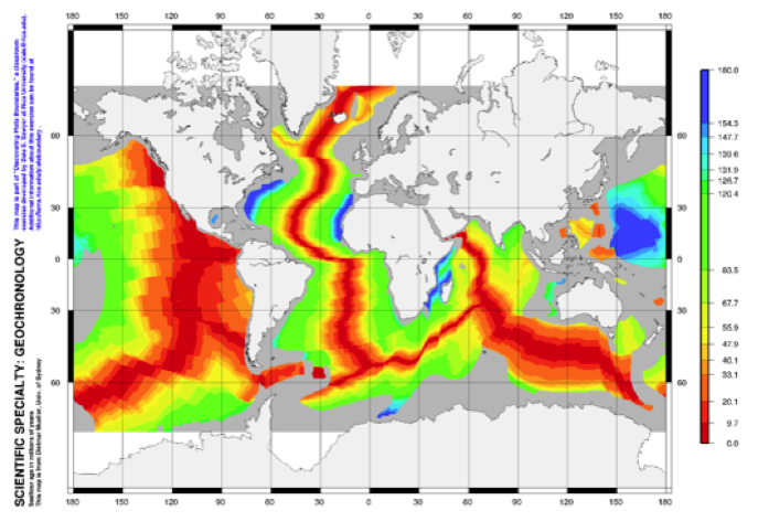 A map showing the age of the oceanic crust under most of the world’s oceans. This map highlights divergent plate boundaries.