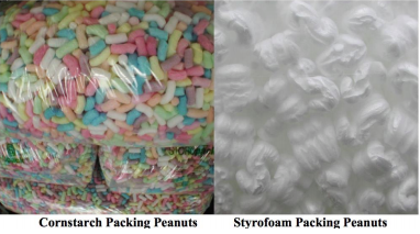 A picture of polystyrene and starch packing peanuts. 